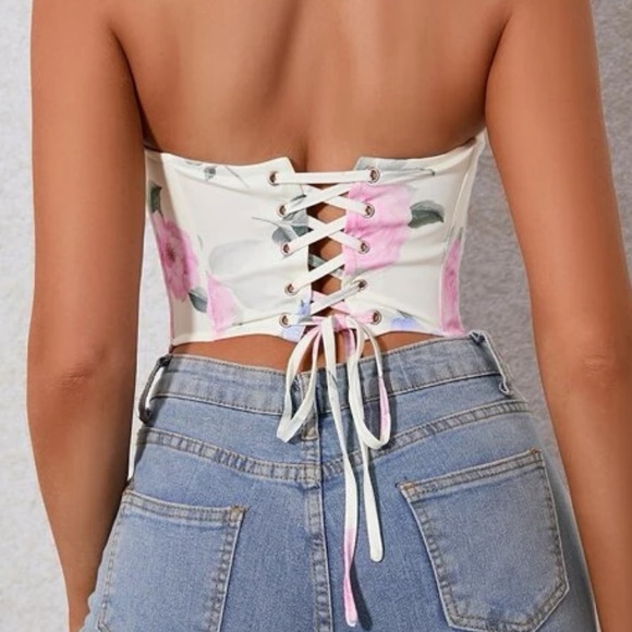 Floral Print Lace Up Back hook front closure boned corset Tube Top - Picture 5 of 5